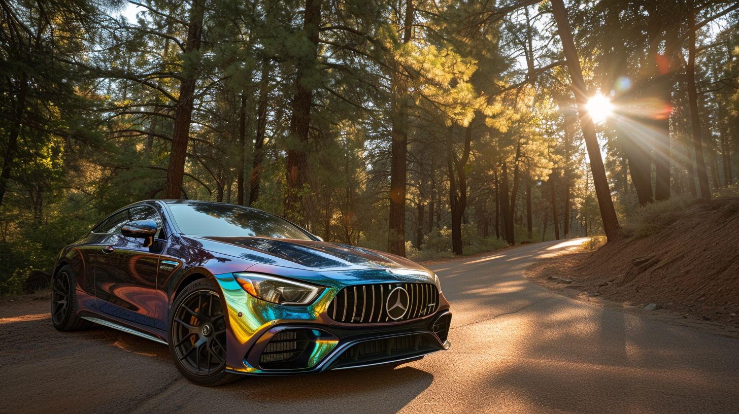 A colorful, shiny car with paint protection film parked in nature. A colorful, shiny car with paint protection film parked in nature.