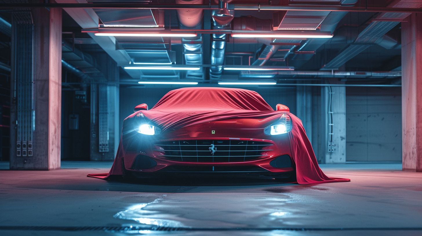 A luxury car covered with a protective car cover in a garage. A luxury car covered with a protective car cover in a garage.