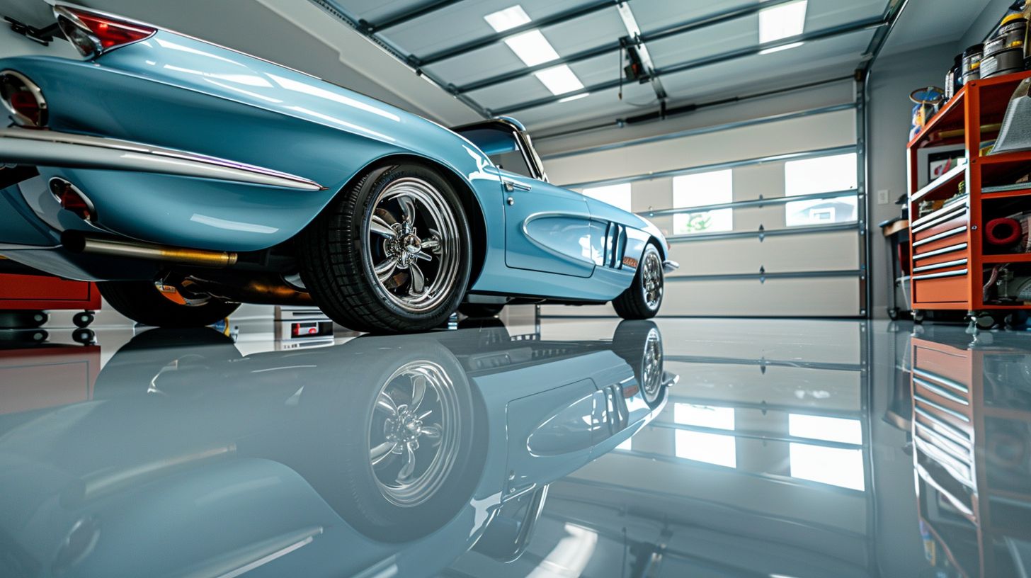 A restored car in a polished garage, captured with a wide-angle lens. A restored car in a polished garage, captured with a wide-angle lens.