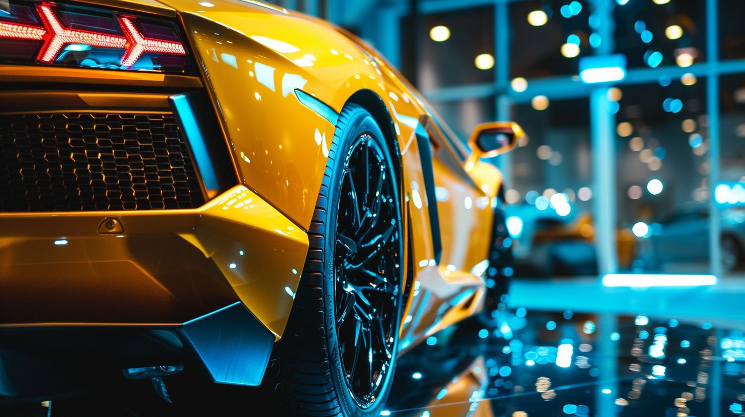 A luxury car displayed in a showroom with flawless paint. A luxury car displayed in a showroom with flawless paint.