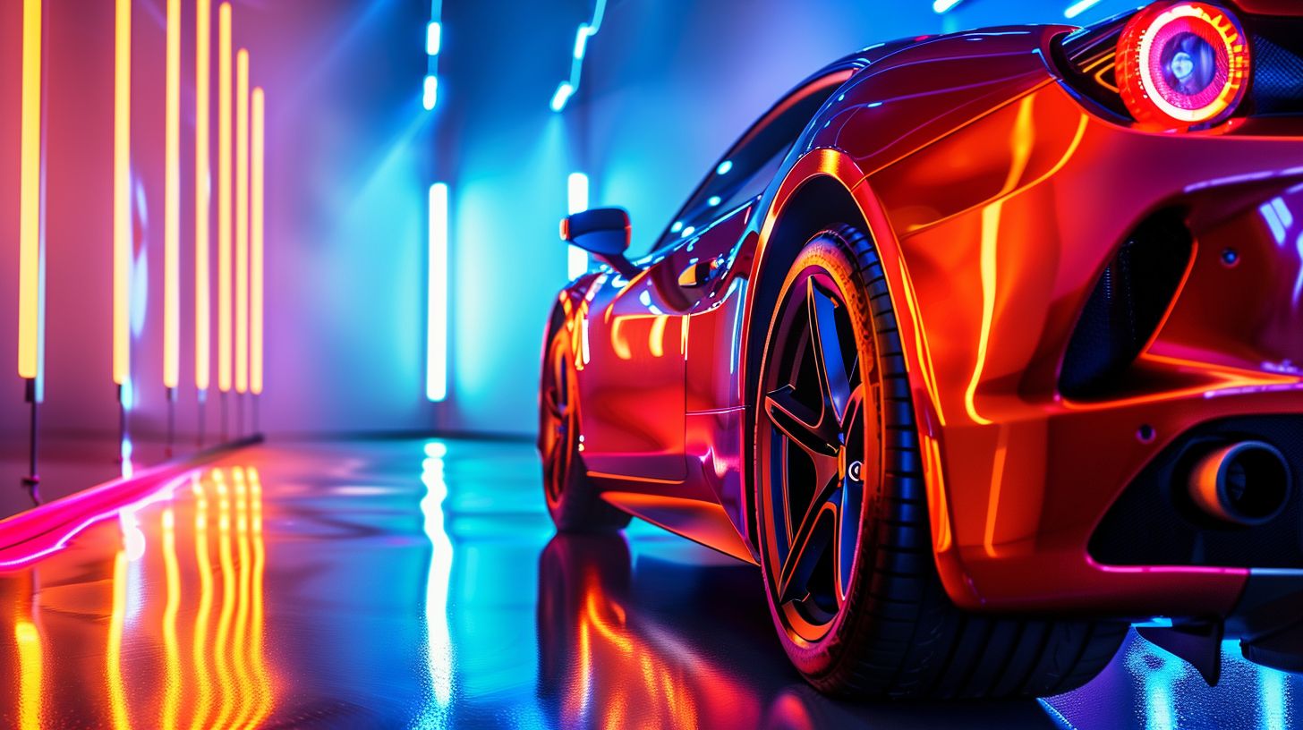A polished car under studio lights in automotive photography. A polished car under studio lights in automotive photography.