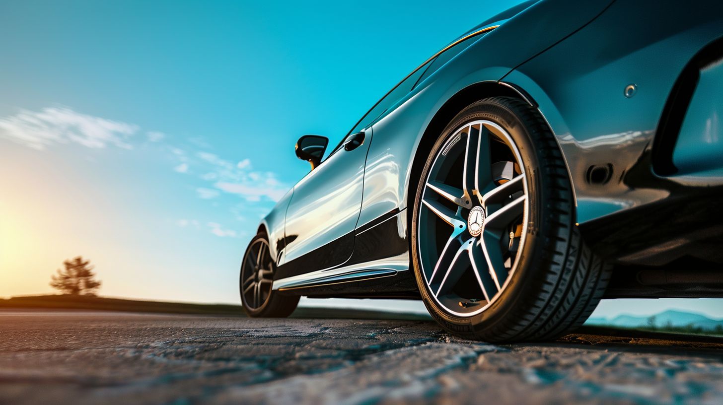 A shiny car with ceramic coating parked under a clear sky. A shiny car with ceramic coating parked under a clear sky.