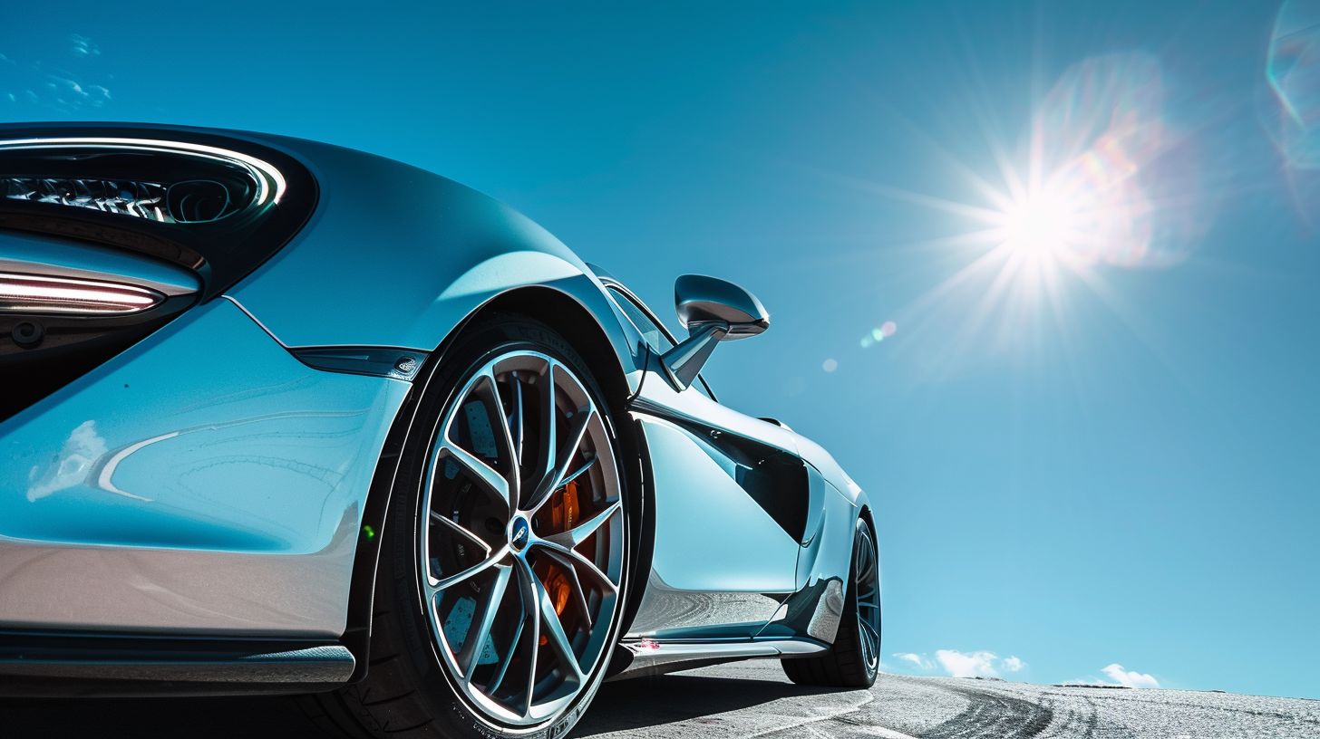 A shiny car with ceramic coating parked under a clear sky. A shiny car with ceramic coating parked under a clear sky.