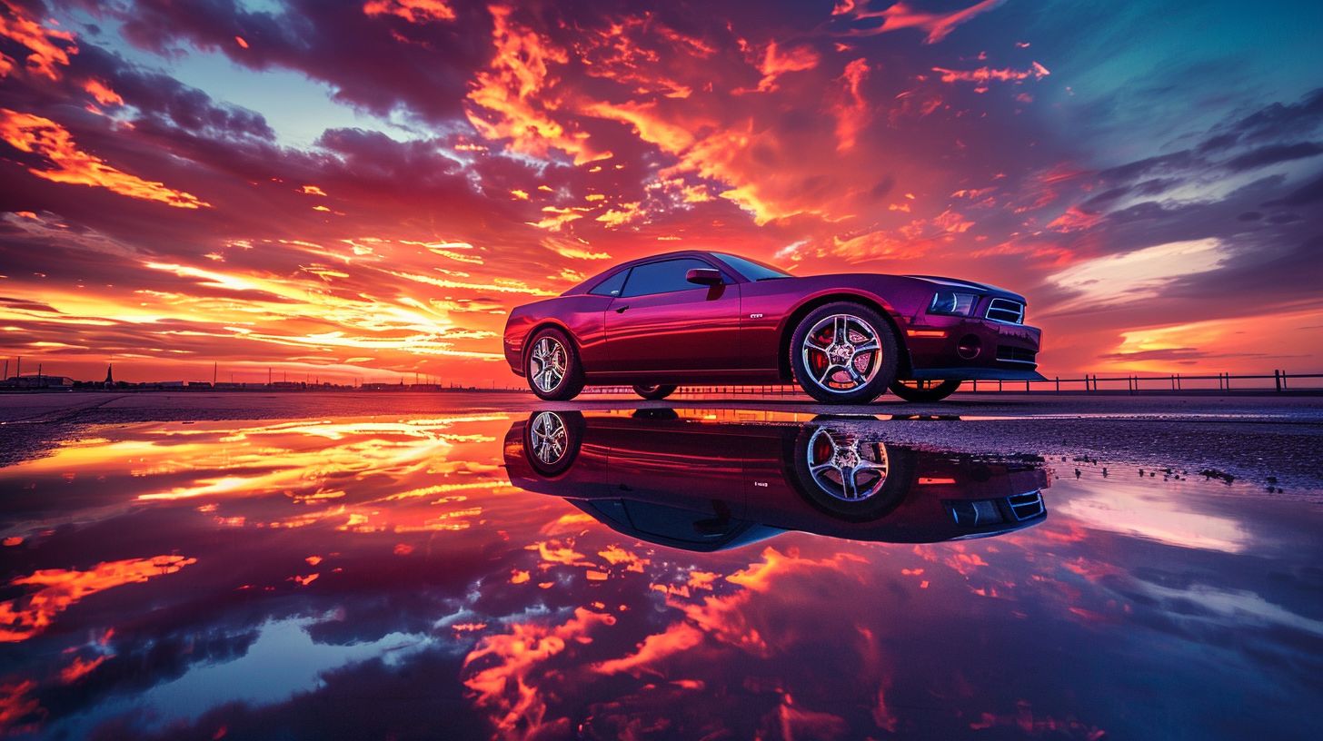 A polished car reflecting a vibrant sunset in a wide-angle landscape. A polished car reflecting a vibrant sunset in a wide-angle landscape.