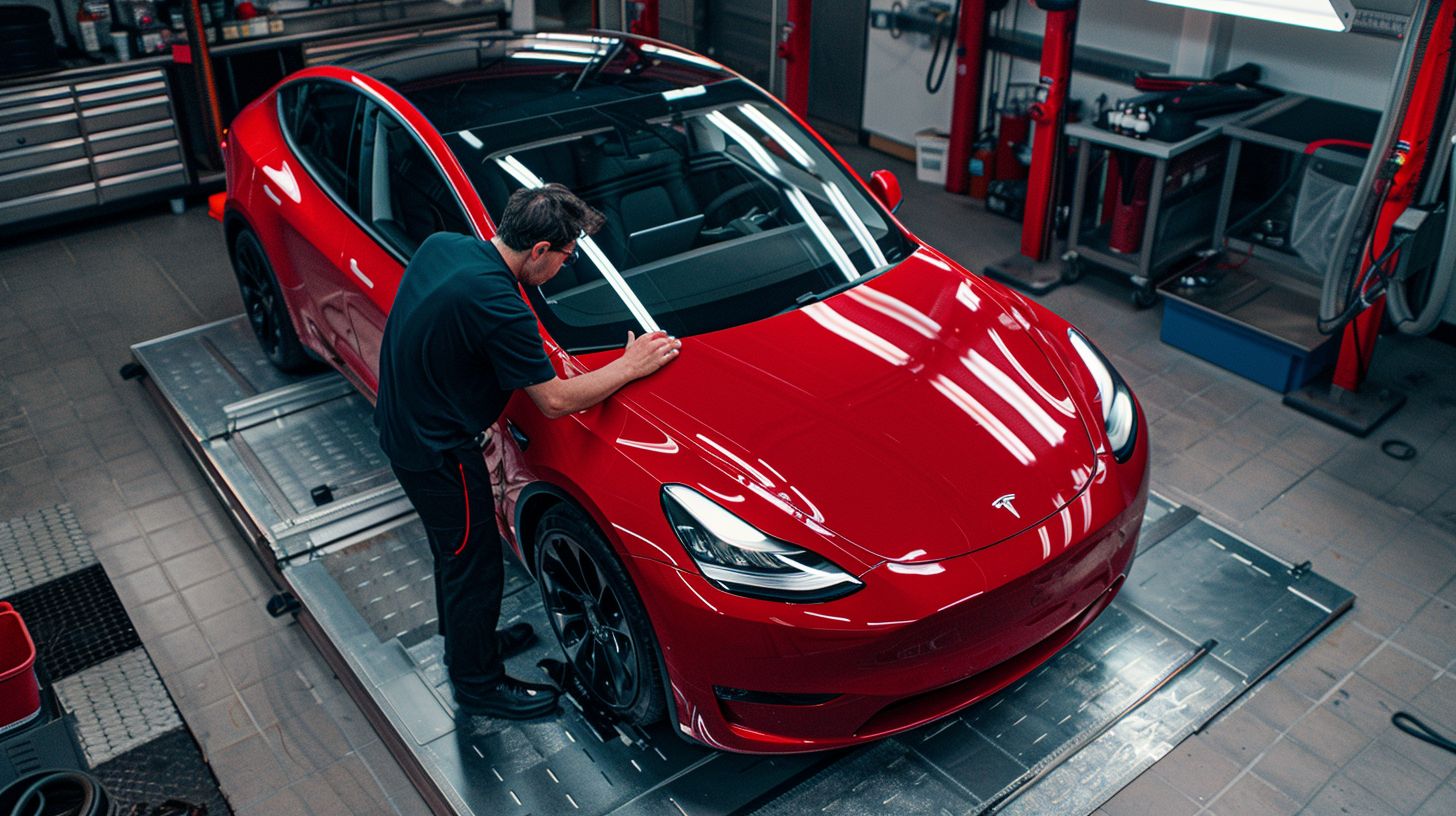 A Tesla car is professionally coated at a high-end auto detailing shop. A Tesla car is professionally coated at a high-end auto detailing shop.