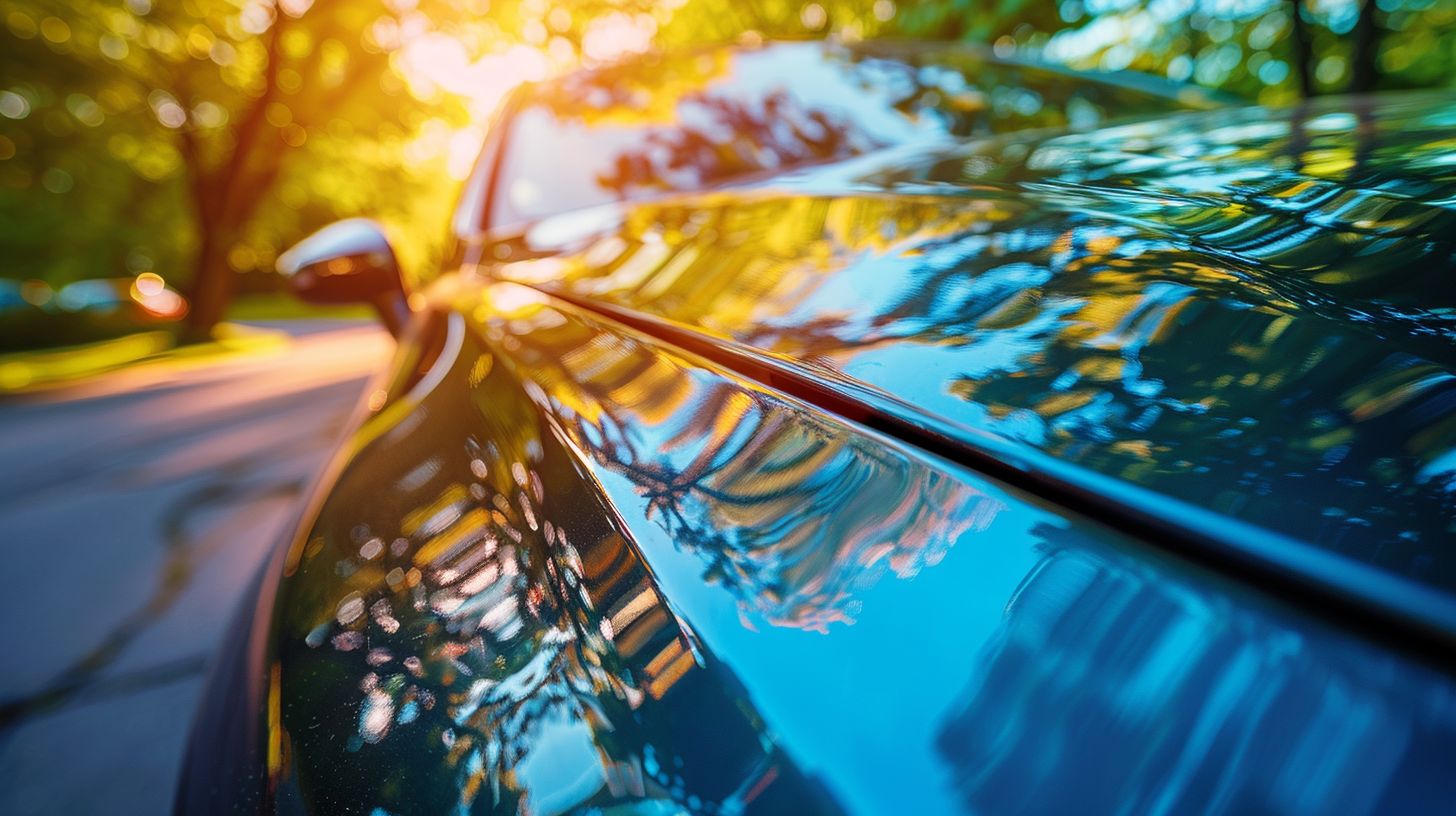 A close-up of a car's glossy surface after paint correction, with reflections of the sky and trees. A close-up of a car's glossy surface after paint correction, with reflections of the sky and trees.