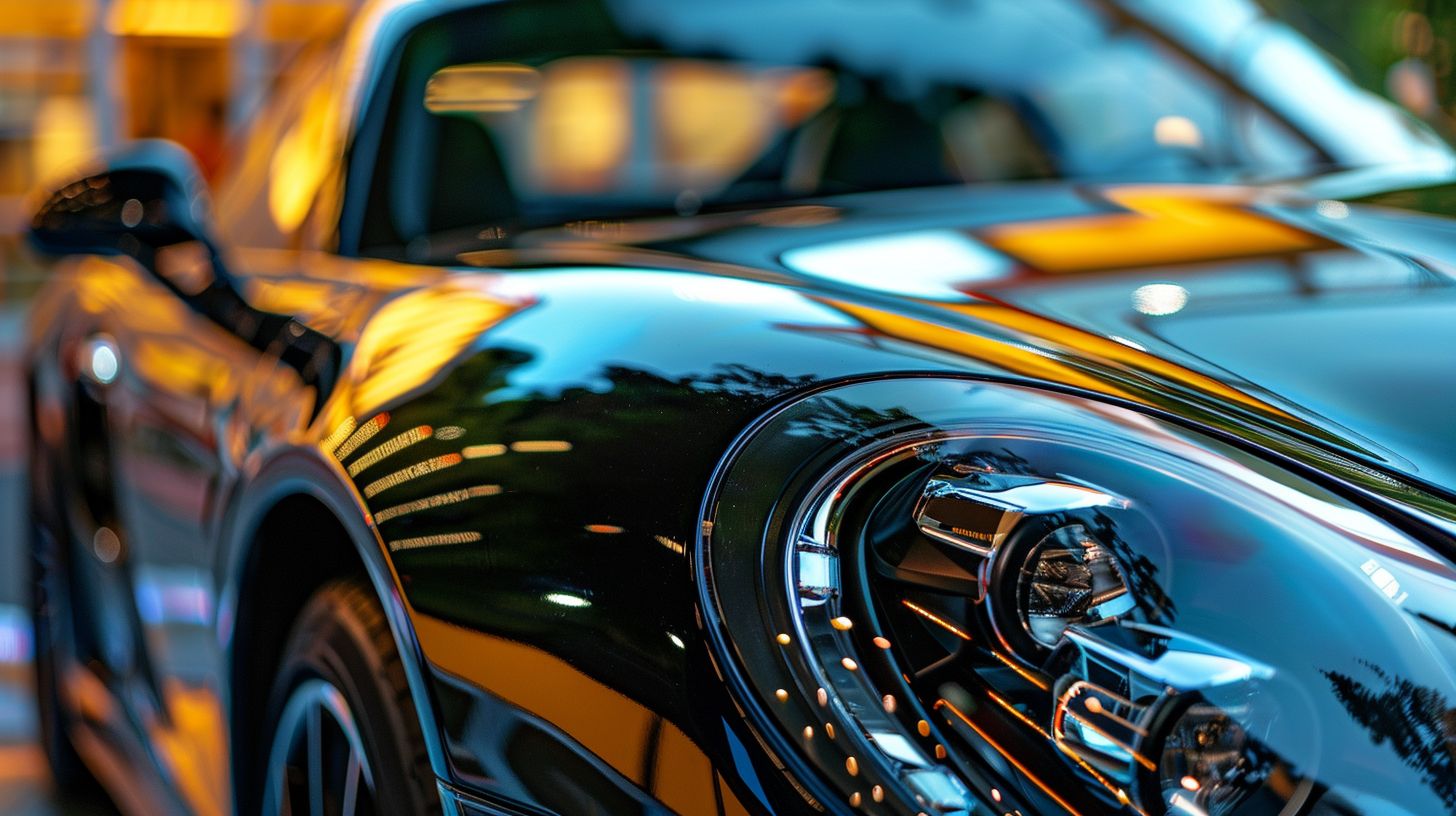 Close-up of polished car hood with paint correction tools. Close-up of polished car hood with paint correction tools.
