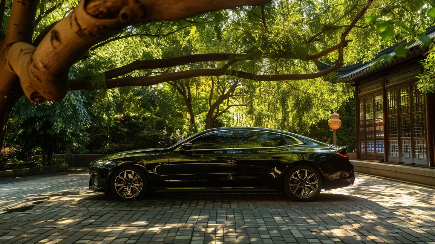 The car with ceramic tinted windows parked under a shady tree. The car with ceramic tinted windows parked under a shady tree.
