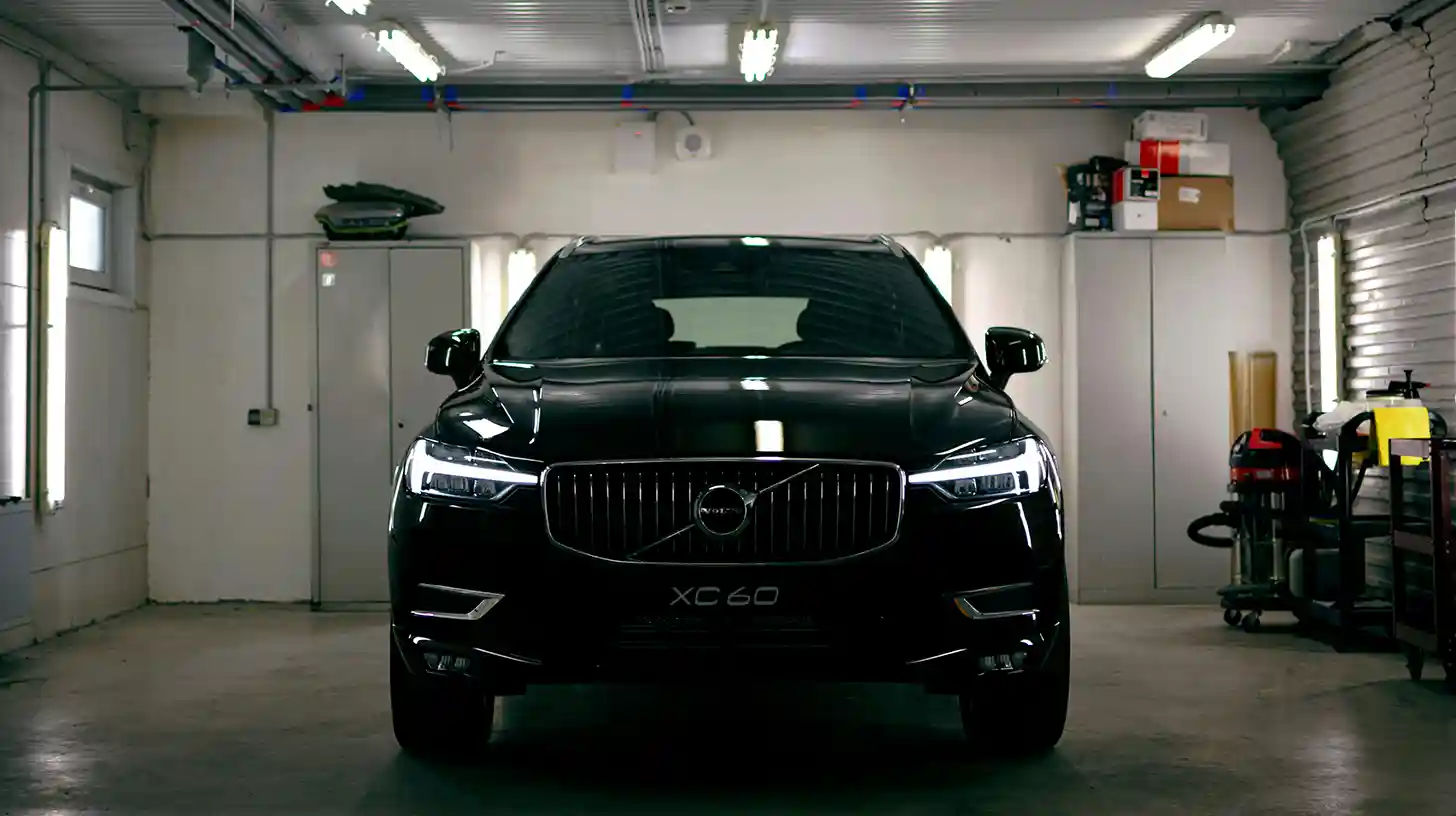Black Volvo in Garage